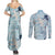 Blue Palaka Crane and Flowers Couples Matching Summer Maxi Dress and Long Sleeve Button Shirt Japan Heritage Spirit - Polynesian Pride
