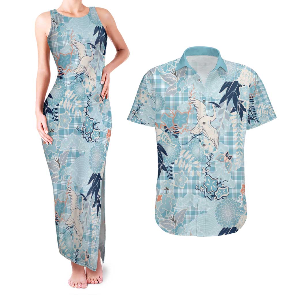 Blue Palaka Crane and Flowers Couples Matching Tank Maxi Dress and Hawaiian Shirt Japan Heritage Spirit LT9 Blue - Polynesian Pride
