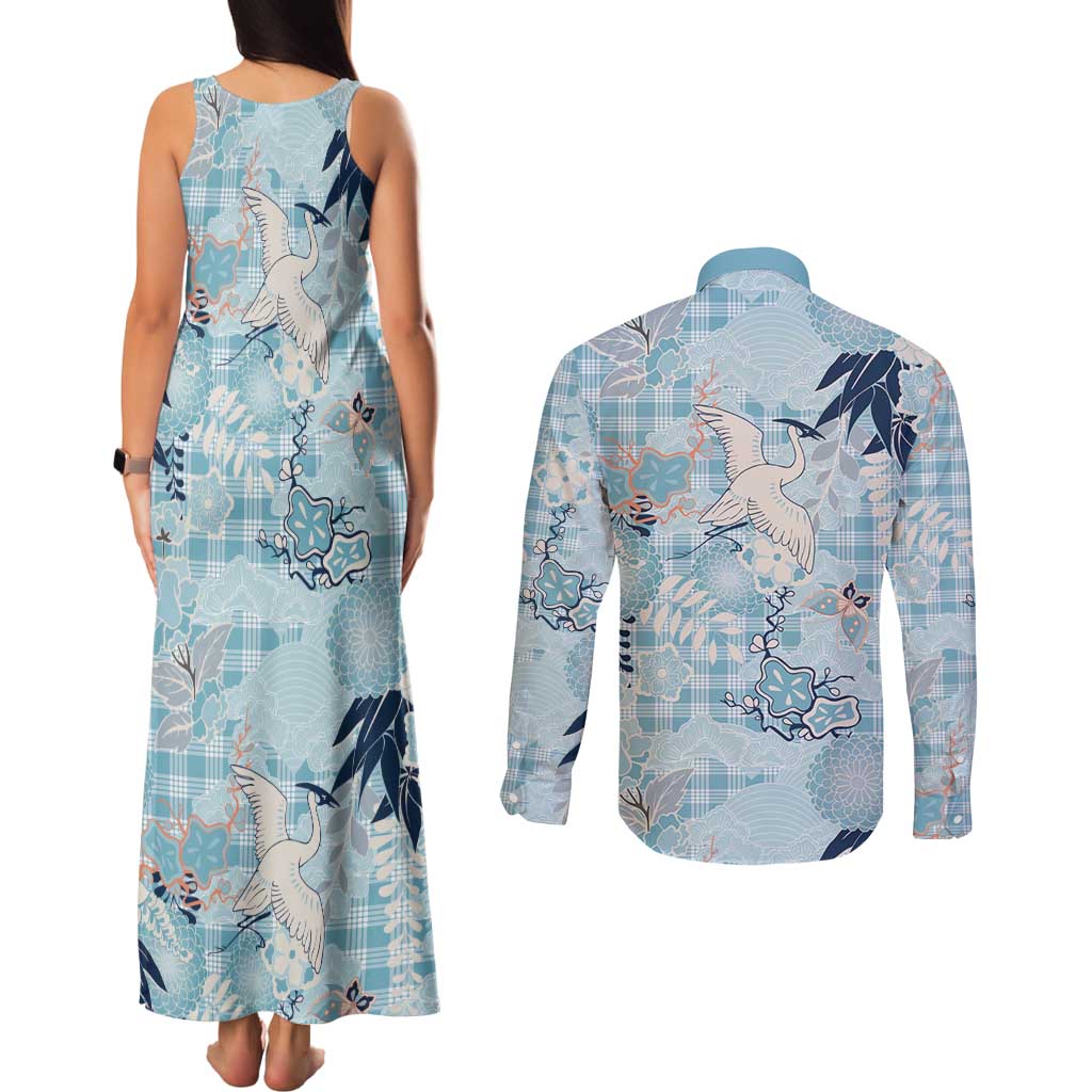 Blue Palaka Crane and Flowers Couples Matching Tank Maxi Dress and Long Sleeve Button Shirt Japan Heritage Spirit LT9 - Polynesian Pride