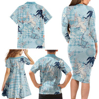 Blue Palaka Crane and Flowers Family Matching Long Sleeve Bodycon Dress and Hawaiian Shirt Japan Heritage Spirit - Polynesian Pride