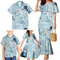 Blue Palaka Crane and Flowers Family Matching Mermaid Dress and Hawaiian Shirt Japan Heritage Spirit LT9 - Polynesian Pride