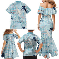 Blue Palaka Crane and Flowers Family Matching Mermaid Dress and Hawaiian Shirt Japan Heritage Spirit LT9 - Polynesian Pride