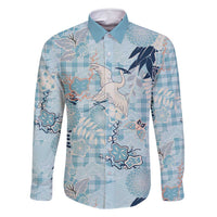 Blue Palaka Crane and Flowers Family Matching Mermaid Dress and Hawaiian Shirt Japan Heritage Spirit LT9 Dad's Shirt - Long Sleeve Blue - Polynesian Pride