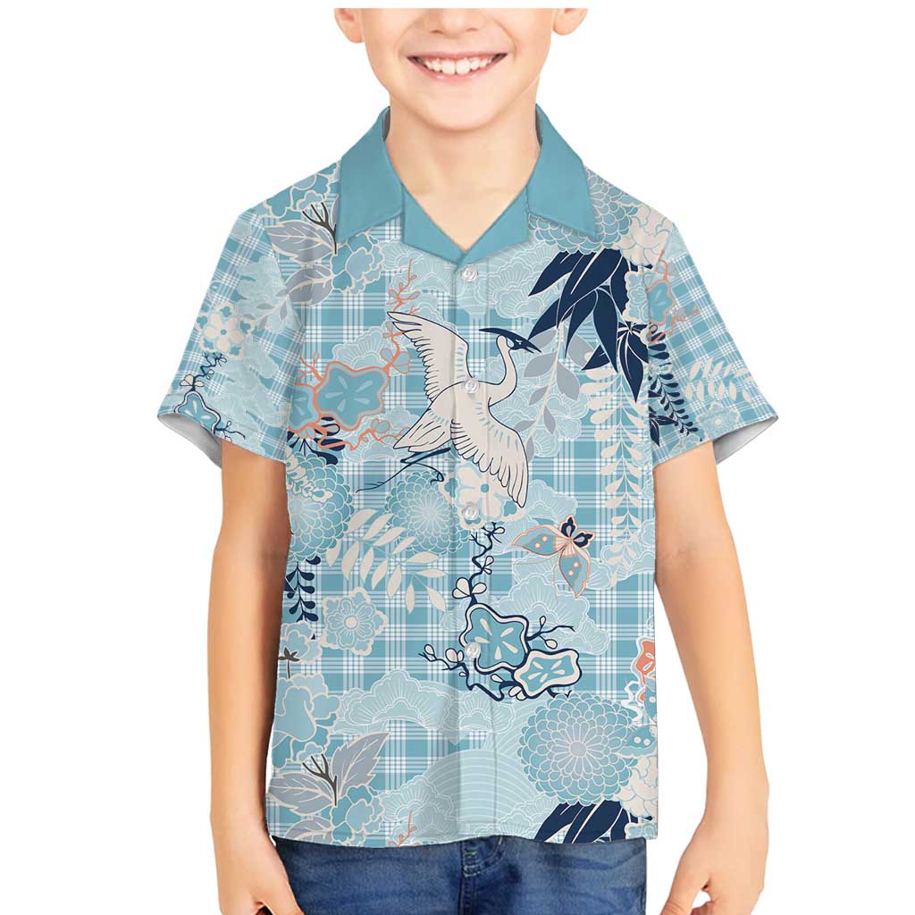 Blue Palaka Crane and Flowers Family Matching Mermaid Dress and Hawaiian Shirt Japan Heritage Spirit LT9 Son's Shirt Blue - Polynesian Pride