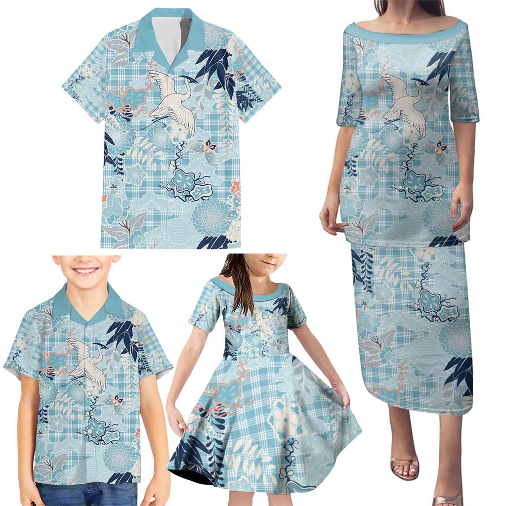 Blue Palaka Crane and Flowers Family Matching Puletasi and Hawaiian Shirt Japan Heritage Spirit LT9 - Polynesian Pride
