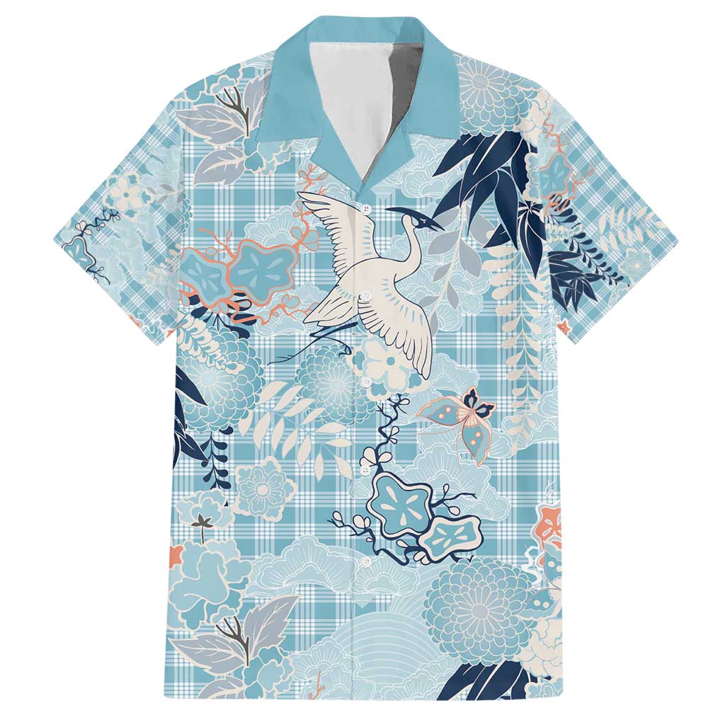 Blue Palaka Crane and Flowers Family Matching Short Sleeve Bodycon Dress and Hawaiian Shirt Japan Heritage Spirit - Polynesian Pride