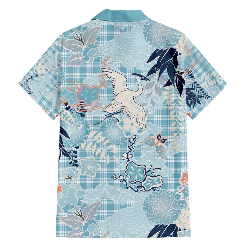 Blue Palaka Crane and Flowers Family Matching Short Sleeve Bodycon Dress and Hawaiian Shirt Japan Heritage Spirit - Polynesian Pride