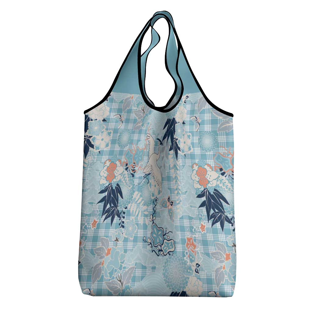 Blue Palaka Crane and Flowers Grocery Bag Japan Heritage Spirit - Polynesian Pride