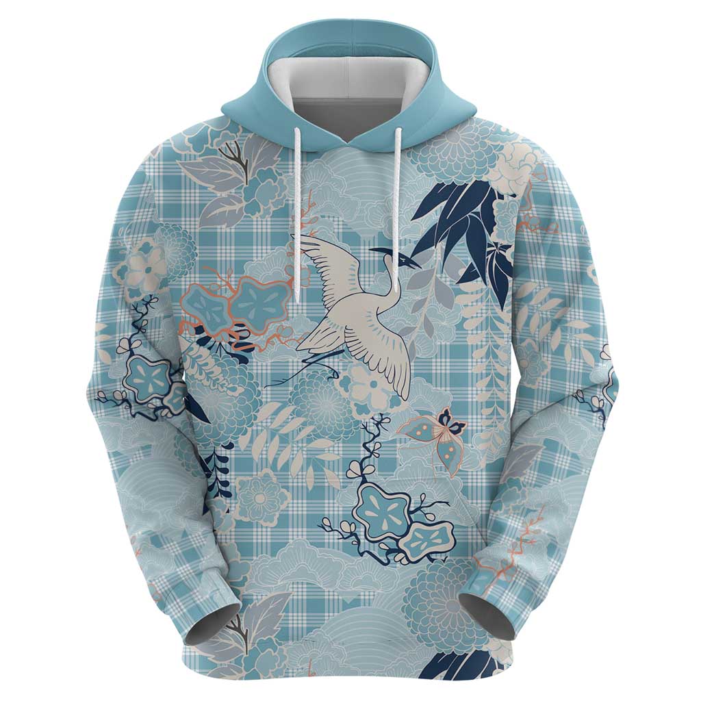 Blue Palaka Crane and Flowers Hoodie Japan Heritage Spirit - Polynesian Pride