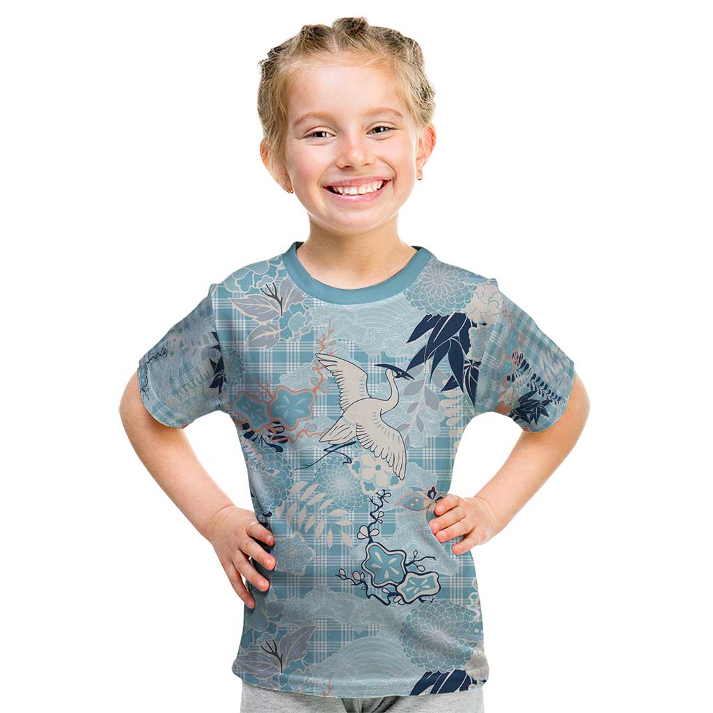 Blue Palaka Crane and Flowers Kid T Shirt Japan Heritage Spirit - Polynesian Pride