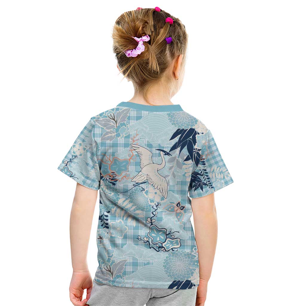 Blue Palaka Crane and Flowers Kid T Shirt Japan Heritage Spirit - Polynesian Pride