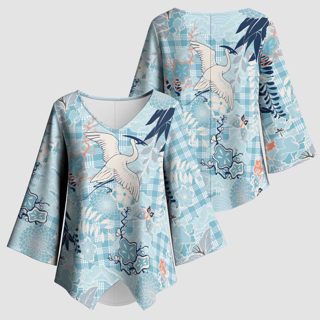 Blue Palaka Crane and Flowers Kimono Sleeve Blouse Japan Heritage Spirit - Polynesian Pride