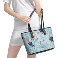 Blue Palaka Crane and Flowers Leather Tote Bag Japan Heritage Spirit - Polynesian Pride