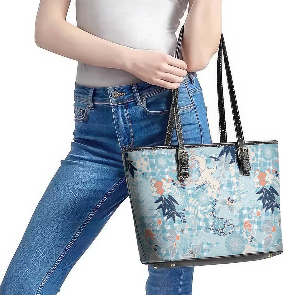 Blue Palaka Crane and Flowers Leather Tote Bag Japan Heritage Spirit - Polynesian Pride