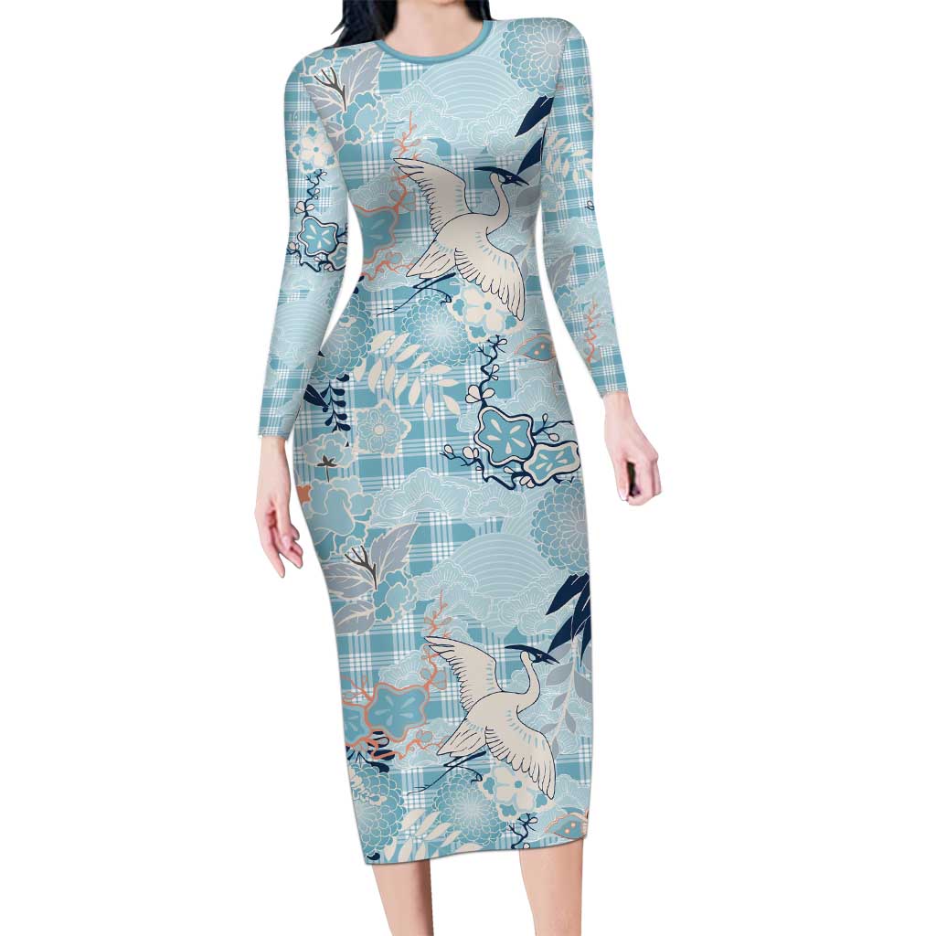 Blue Palaka Crane and Flowers Long Sleeve Bodycon Dress Japan Heritage Spirit - Polynesian Pride