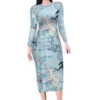 Blue Palaka Crane and Flowers Long Sleeve Bodycon Dress Japan Heritage Spirit - Polynesian Pride