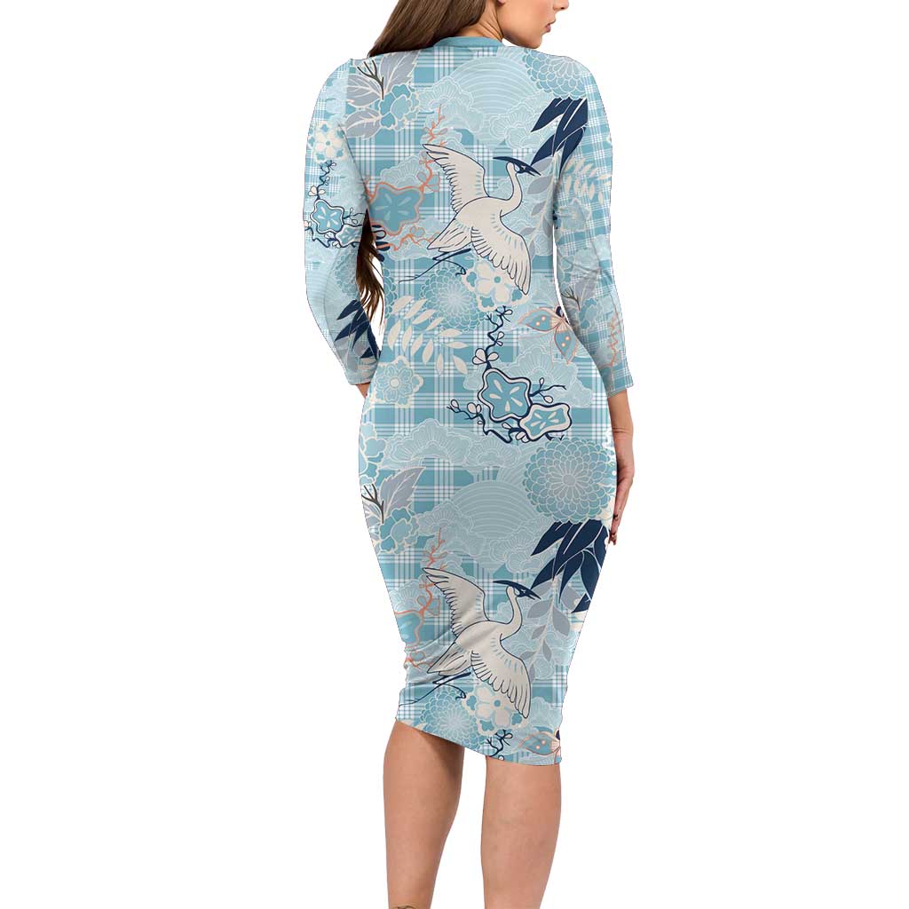 Blue Palaka Crane and Flowers Long Sleeve Bodycon Dress Japan Heritage Spirit - Polynesian Pride