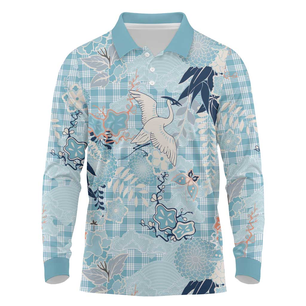 Blue Palaka Crane and Flowers Long Sleeve Polo Shirt Japan Heritage Spirit - Polynesian Pride