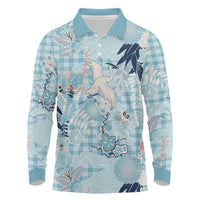 Blue Palaka Crane and Flowers Long Sleeve Polo Shirt Japan Heritage Spirit - Polynesian Pride