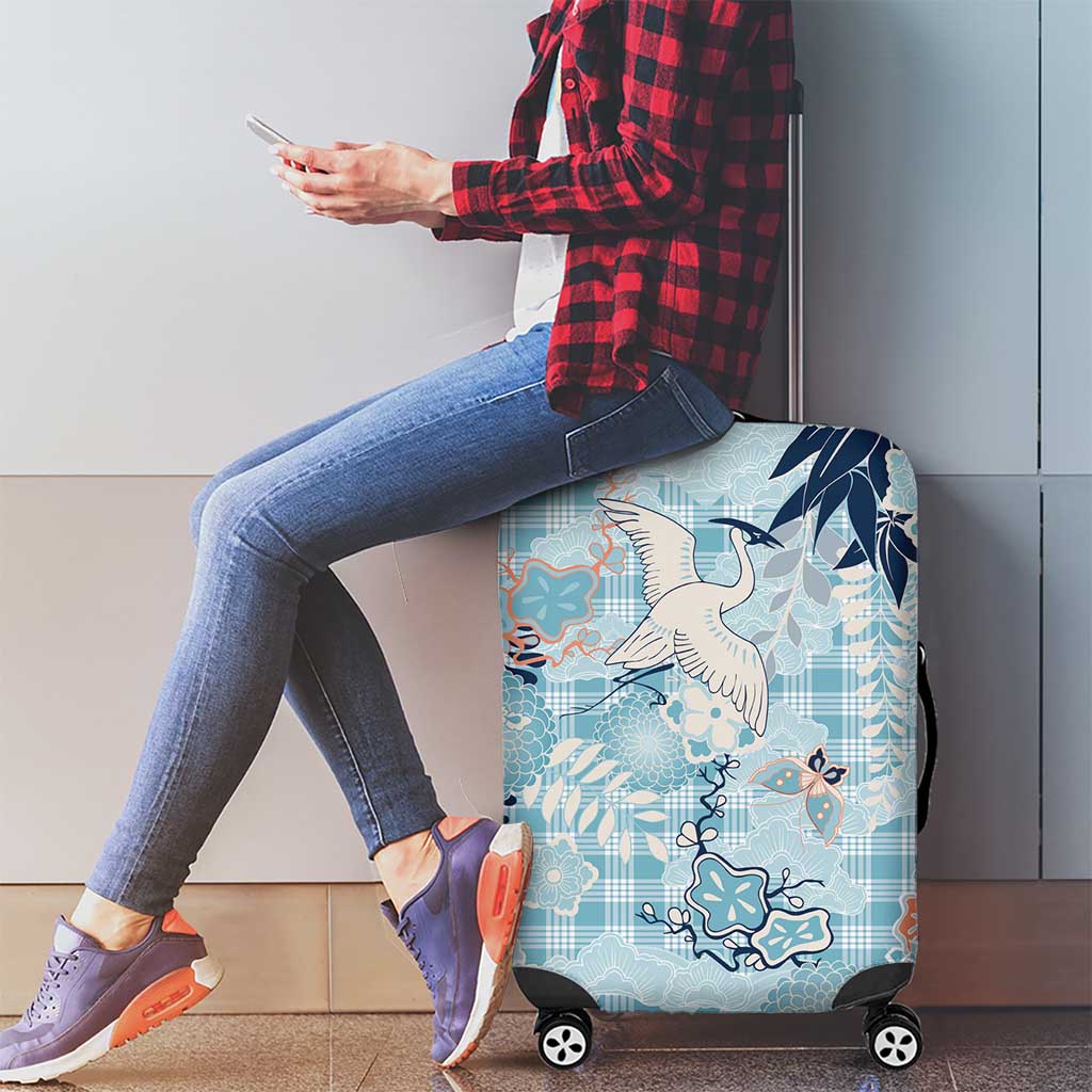 Blue Palaka Crane and Flowers Luggage Cover Japan Heritage Spirit - Polynesian Pride