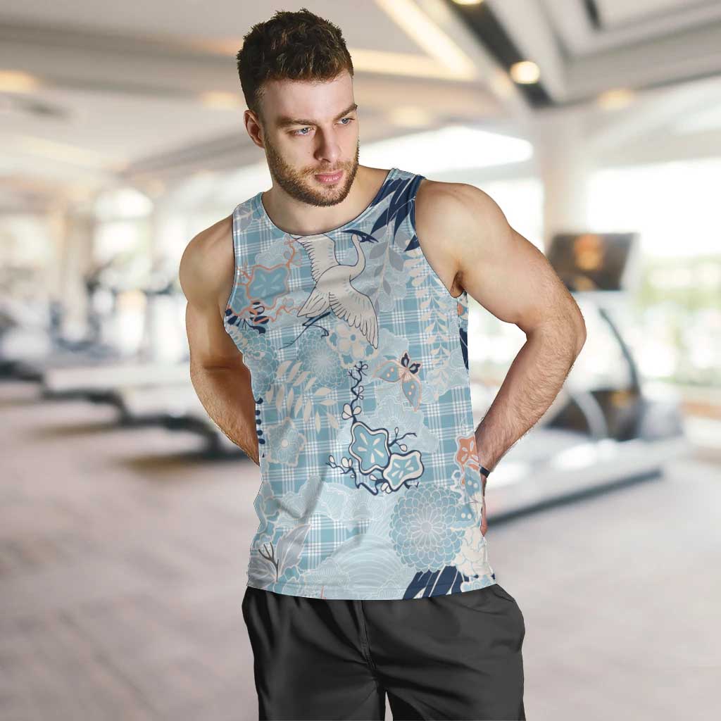 Blue Palaka Crane and Flowers Men Tank Top Japan Heritage Spirit - Polynesian Pride