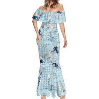 Blue Palaka Crane and Flowers Mermaid Dress Japan Heritage Spirit - Polynesian Pride