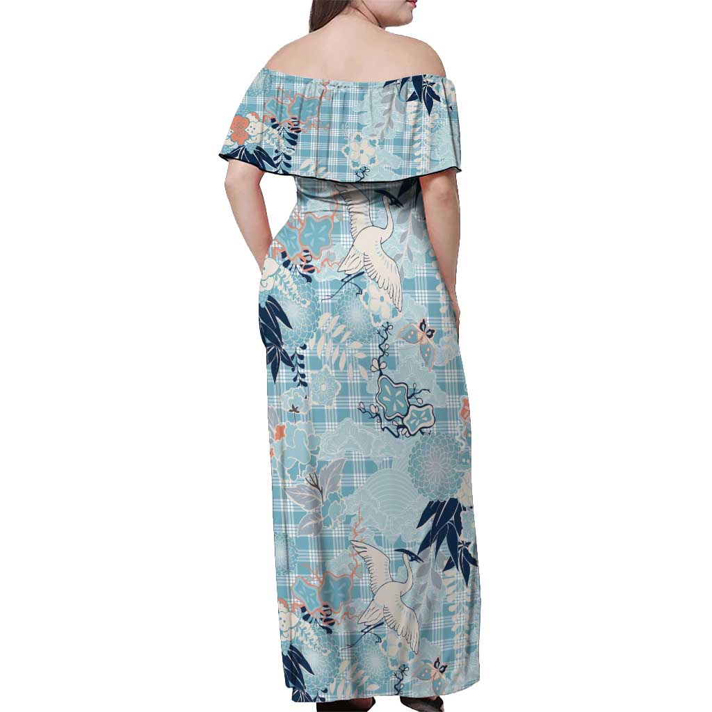 Blue Palaka Crane and Flowers Off Shoulder Maxi Dress Japan Heritage Spirit - Polynesian Pride