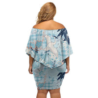 Blue Palaka Crane and Flowers Off Shoulder Short Dress Japan Heritage Spirit - Polynesian Pride