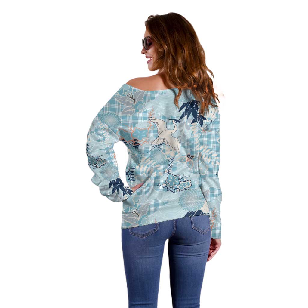 Blue Palaka Crane and Flowers Off Shoulder Sweater Japan Heritage Spirit - Polynesian Pride