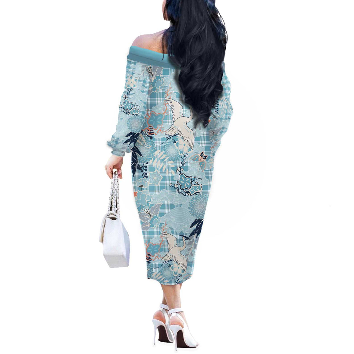 Blue Palaka Crane and Flowers Off The Shoulder Long Sleeve Dress Japan Heritage Spirit - Polynesian Pride