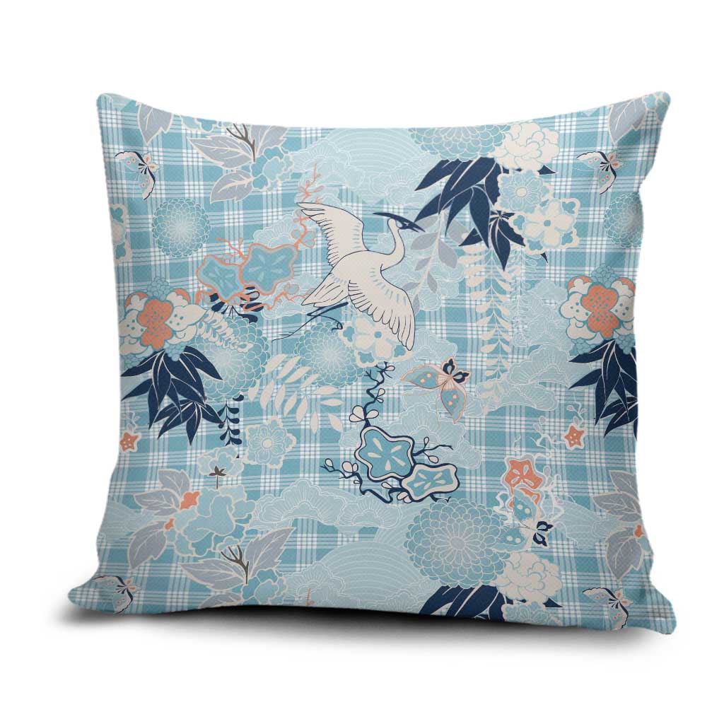 Blue Palaka Crane and Flowers Pillow Cover Japan Heritage Spirit - Polynesian Pride