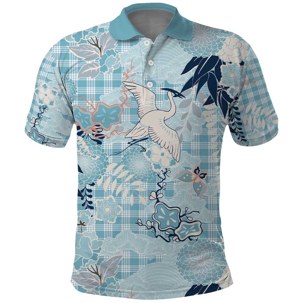 Blue Palaka Crane and Flowers Polo Shirt Japan Heritage Spirit - Polynesian Pride