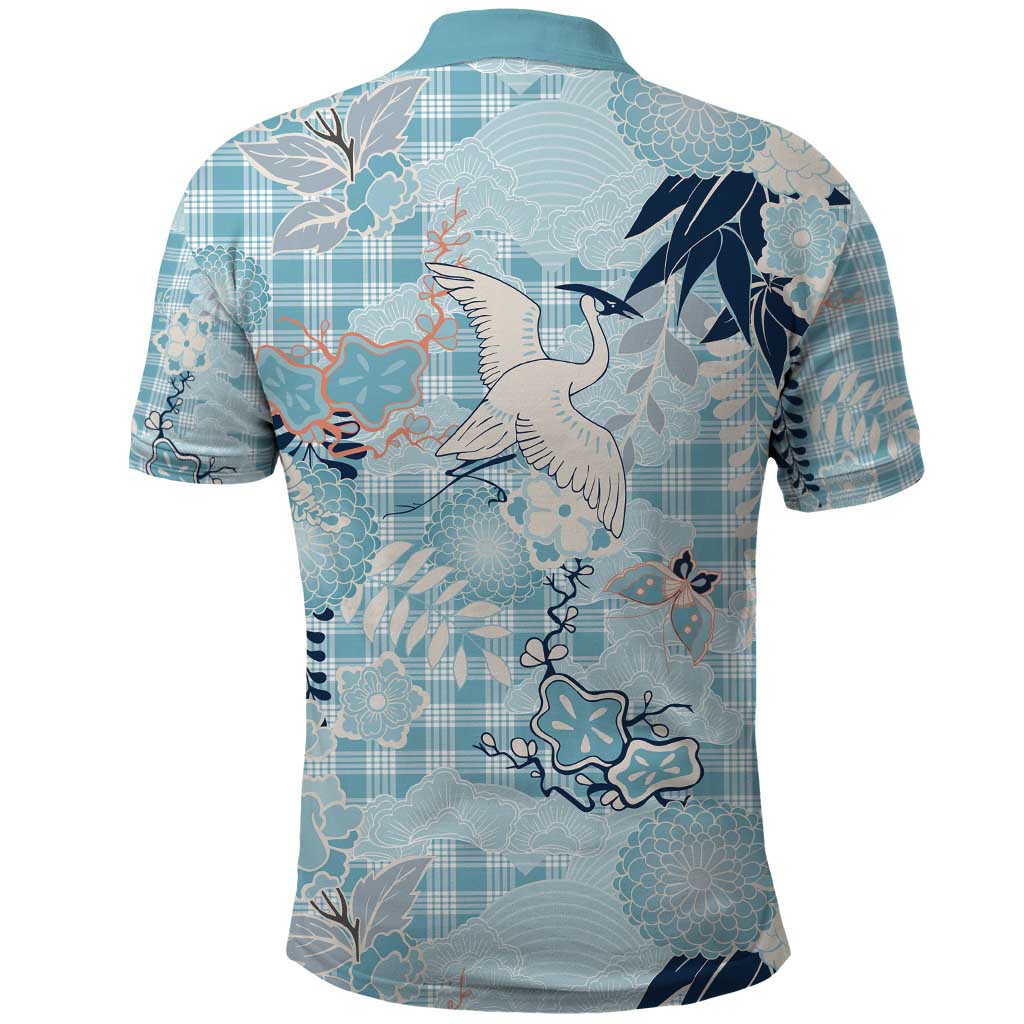 Blue Palaka Crane and Flowers Polo Shirt Japan Heritage Spirit - Polynesian Pride