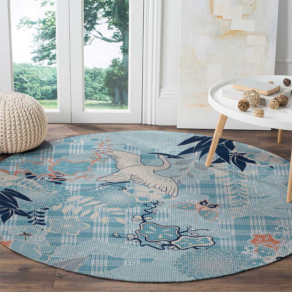 Blue Palaka Crane and Flowers Round Carpet Japan Heritage Spirit - Polynesian Pride