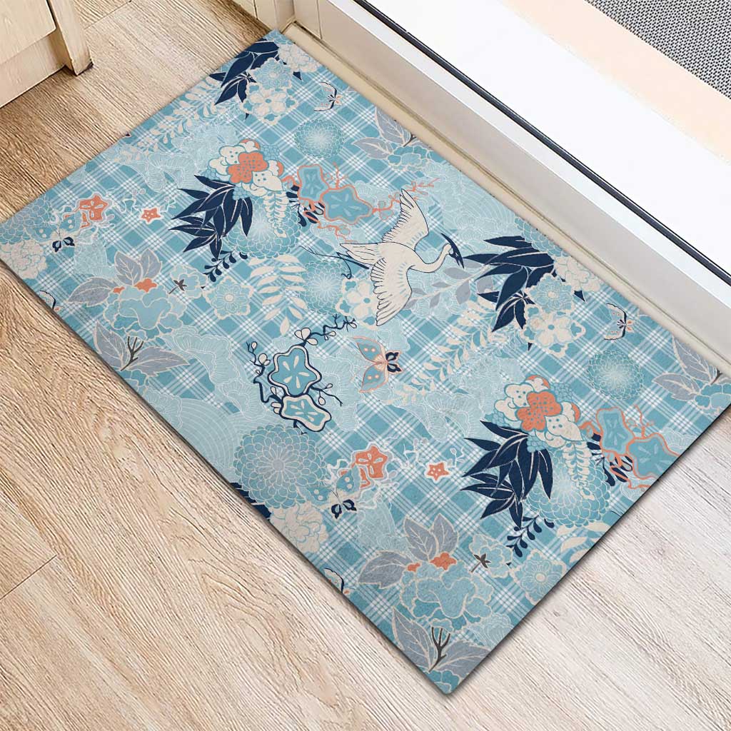 Blue Palaka Crane and Flowers Rubber Doormat Japan Heritage Spirit - Polynesian Pride