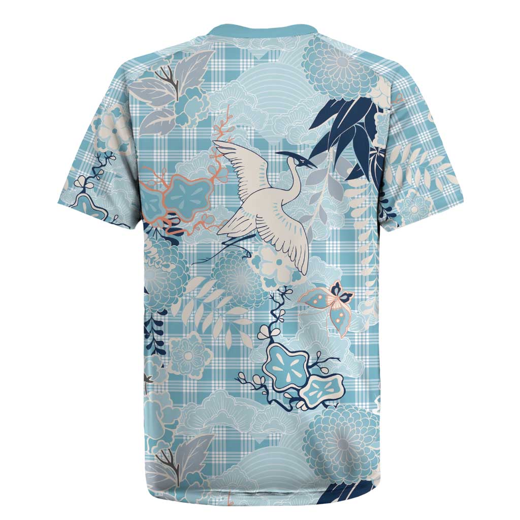 Blue Palaka Crane and Flowers Rugby Jersey Japan Heritage Spirit - Polynesian Pride