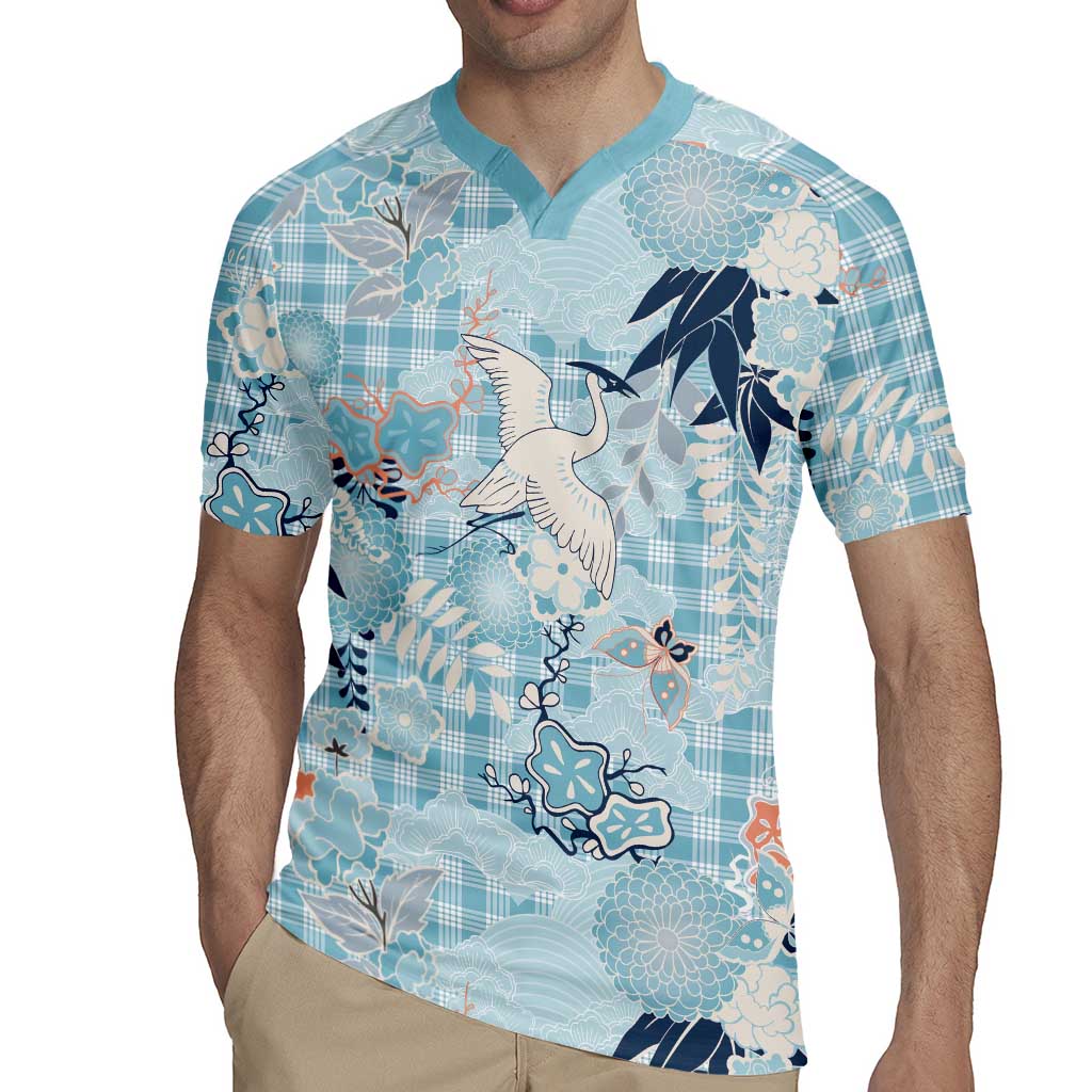 Blue Palaka Crane and Flowers Rugby Jersey Japan Heritage Spirit - Polynesian Pride