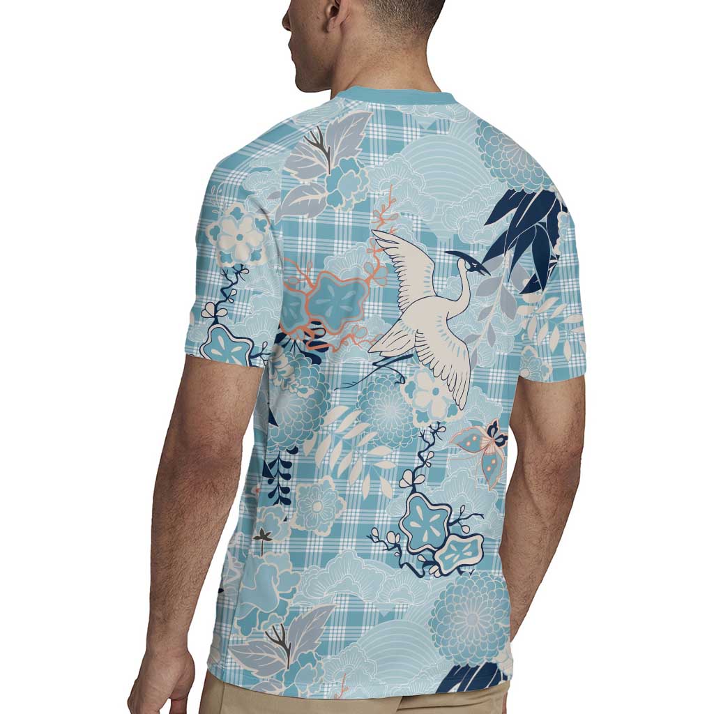 Blue Palaka Crane and Flowers Rugby Jersey Japan Heritage Spirit - Polynesian Pride