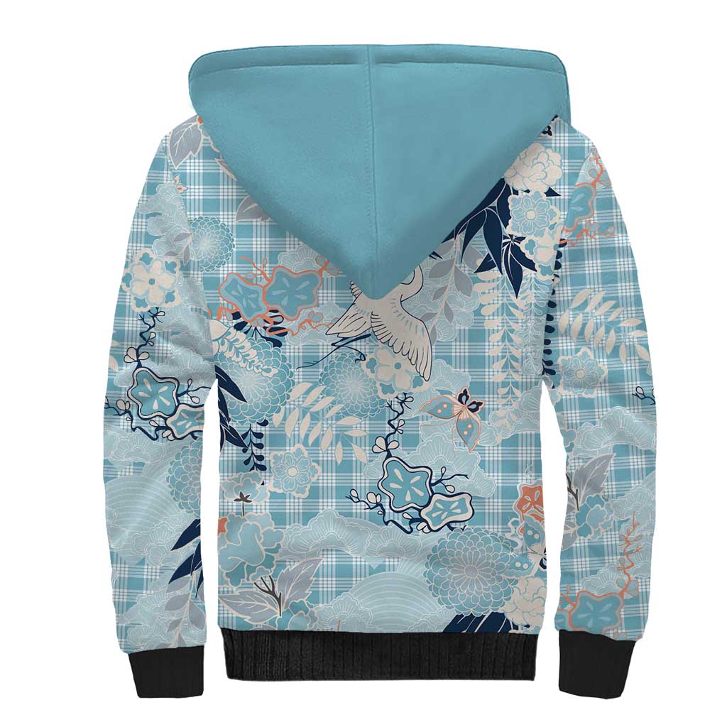 Blue Palaka Crane and Flowers Sherpa Hoodie Japan Heritage Spirit - Polynesian Pride