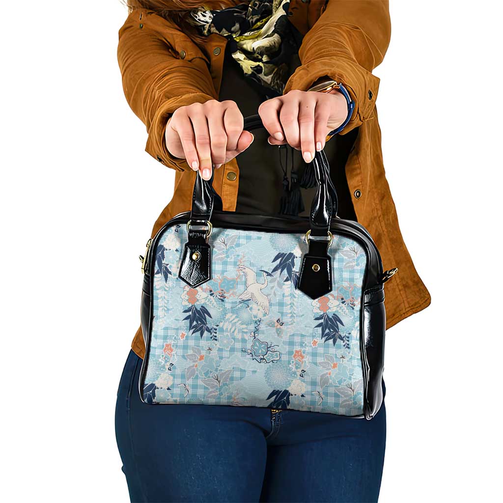 Blue Palaka Crane and Flowers Shoulder Handbag Japan Heritage Spirit - Polynesian Pride