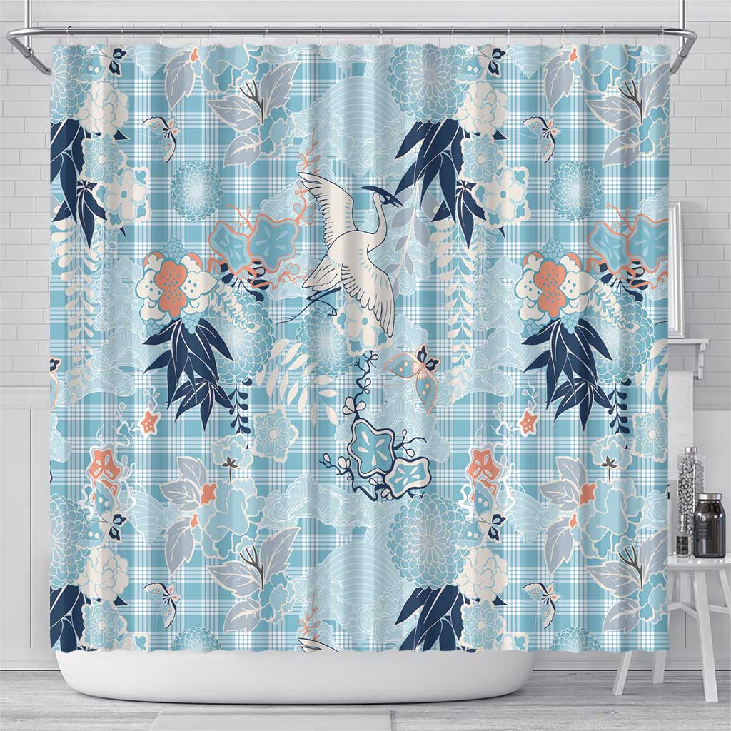 Blue Palaka Crane and Flowers Shower Curtain Japan Heritage Spirit - Polynesian Pride