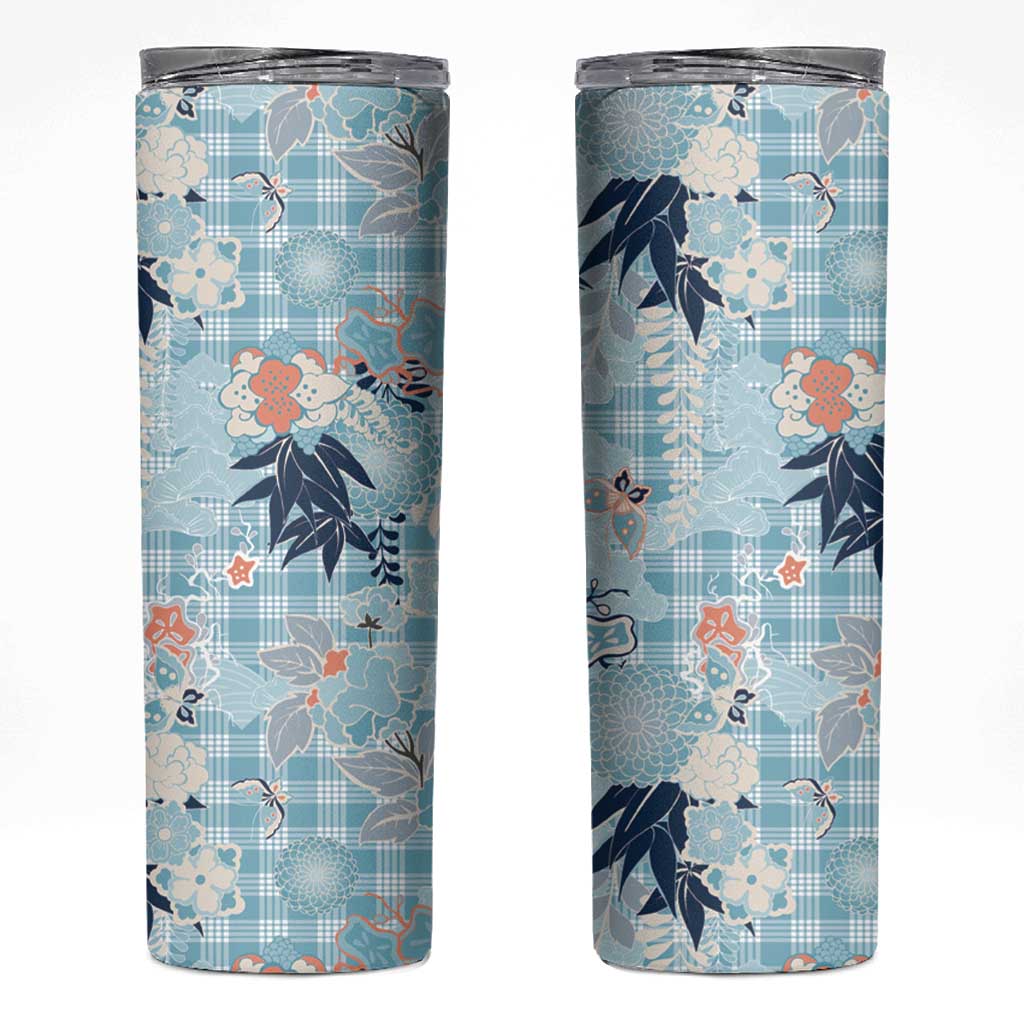 Blue Palaka Crane and Flowers Skinny Tumbler Japan Heritage Spirit - Polynesian Pride
