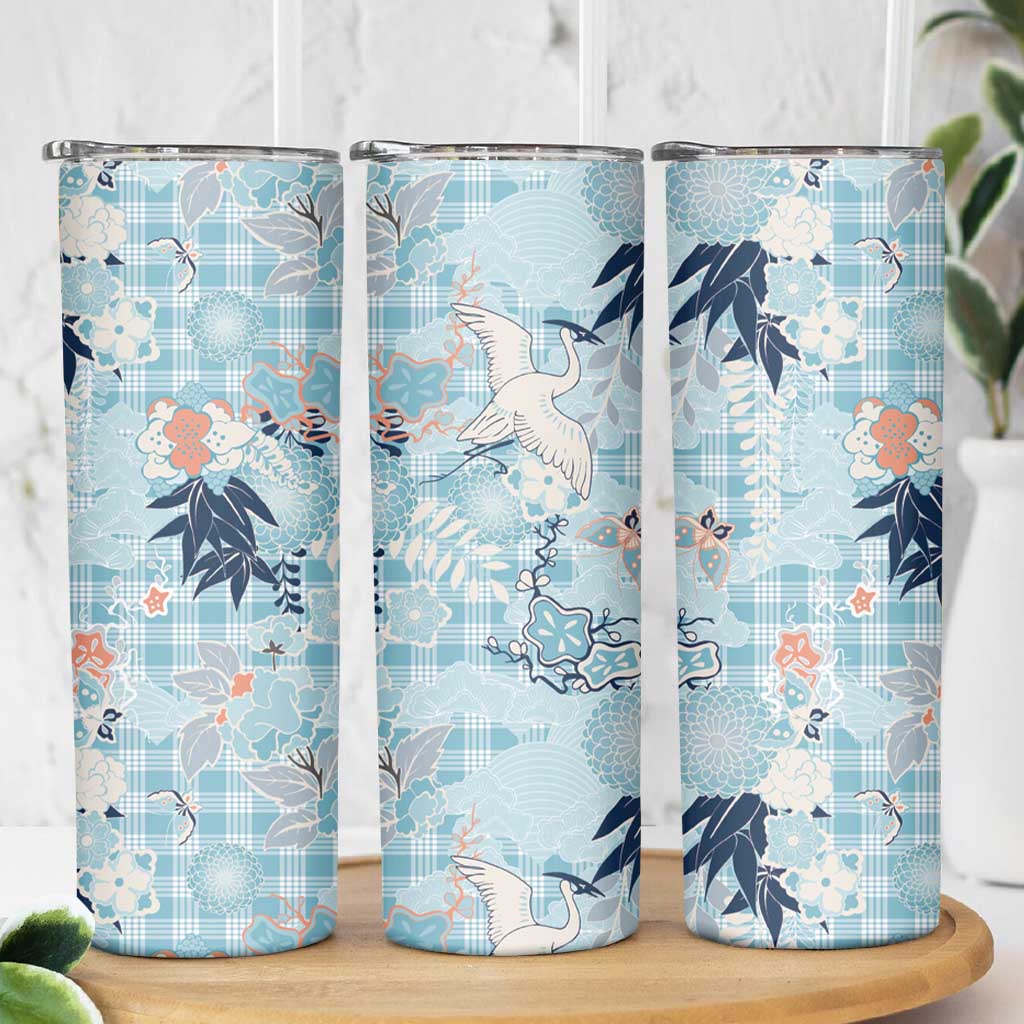 Blue Palaka Crane and Flowers Skinny Tumbler Japan Heritage Spirit - Polynesian Pride