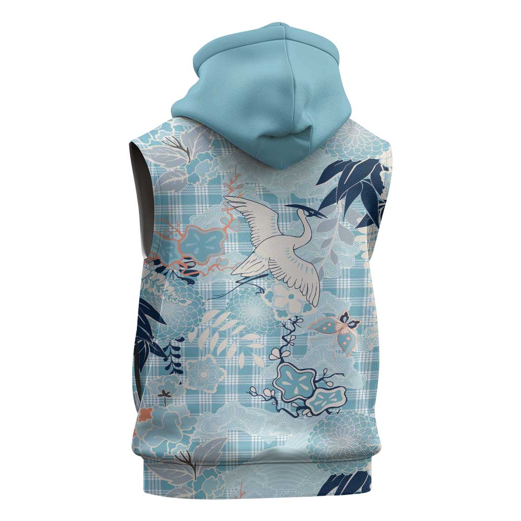 Blue Palaka Crane and Flowers Sleeveless Zip Hoodie Japan Heritage Spirit - Polynesian Pride