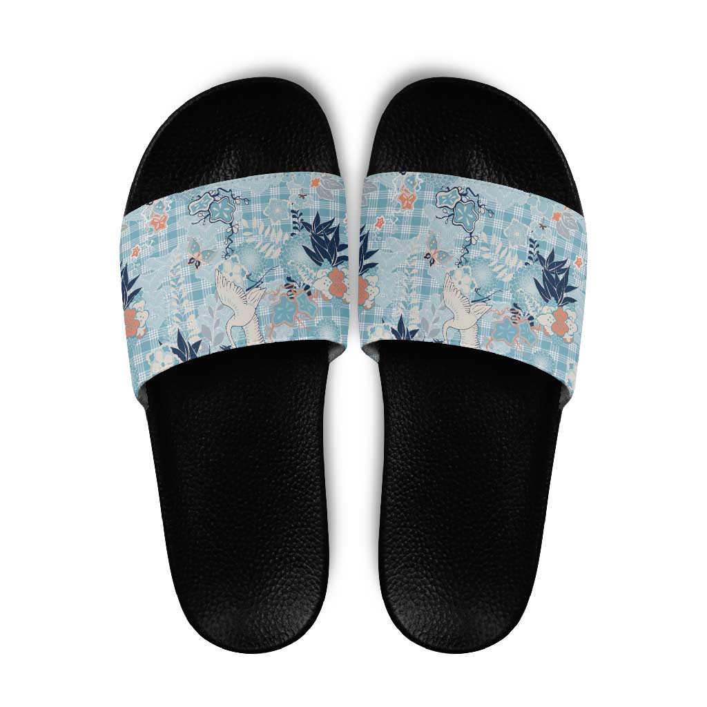 Blue Palaka Crane and Flowers Slide Sandals Japan Heritage Spirit - Polynesian Pride