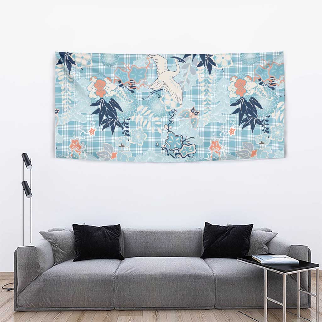 Blue Palaka Crane and Flowers Tapestry Japan Heritage Spirit - Polynesian Pride