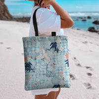 Blue Palaka Crane and Flowers Tote Bag Japan Heritage Spirit - Polynesian Pride