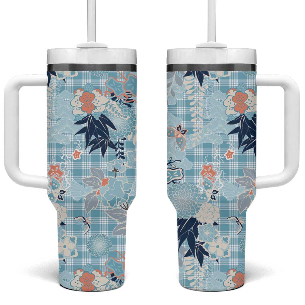 Blue Palaka Crane and Flowers Tumbler With Handle Japan Heritage Spirit - Polynesian Pride