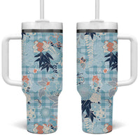 Blue Palaka Crane and Flowers Tumbler With Handle Japan Heritage Spirit - Polynesian Pride