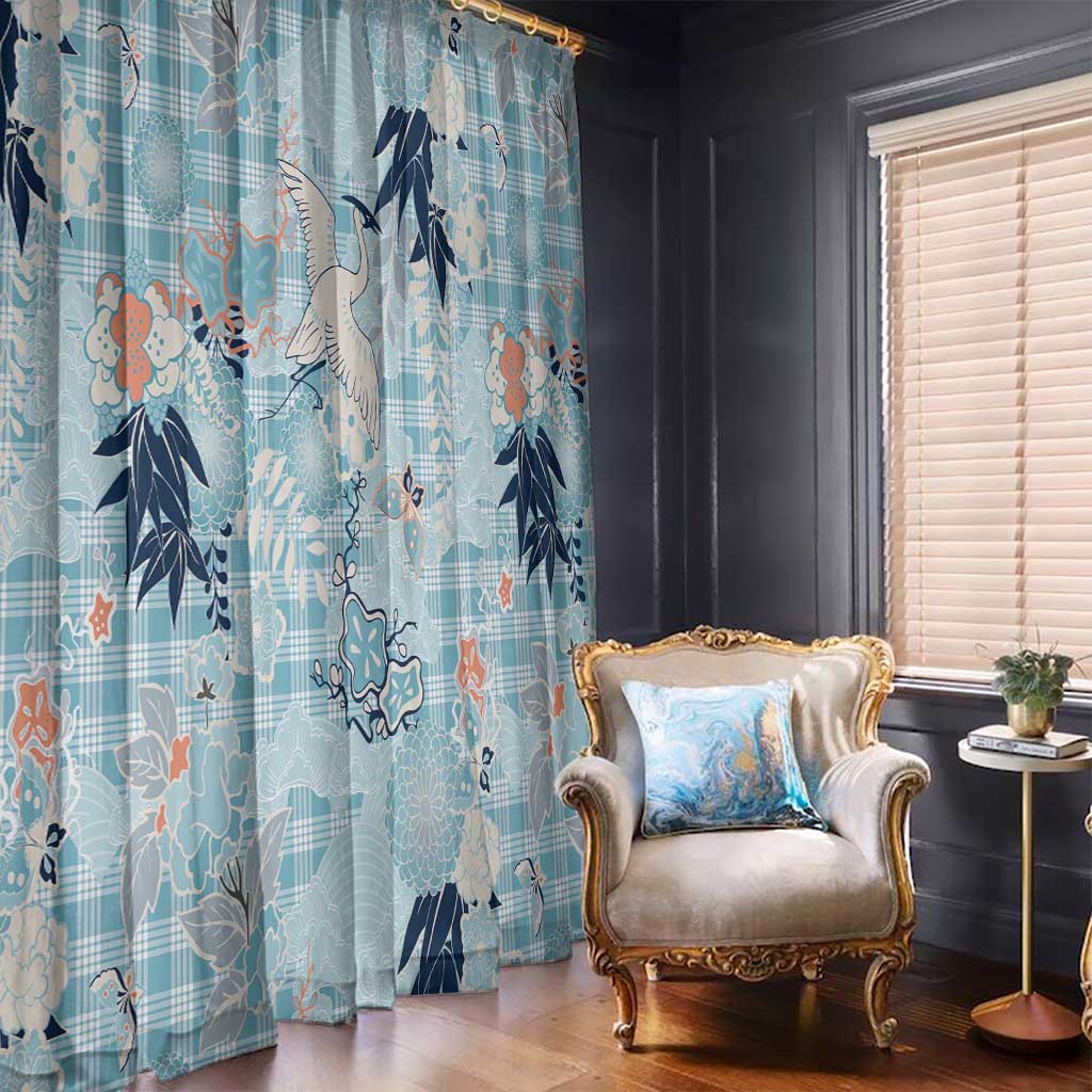 Blue Palaka Crane and Flowers Window Curtain Japan Heritage Spirit - Polynesian Pride